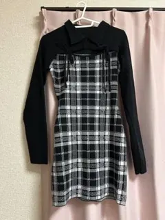 チェック柄フロントオープンリボンニットミニワンピース【ru1373】