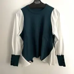 異素材　長袖トップス カットソー　サイドプリーツ　ダークグリーン