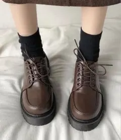 ブラウン厚底 無地ローファー レースアップシューズ