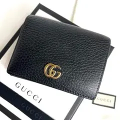 美品✨グッチ 2つ折り財布 GGマーモント シュリンクレザー 黒 ゴールド