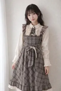 フリル付き　ブラウン　チェックワンピース　量産型　韓国風　学園風