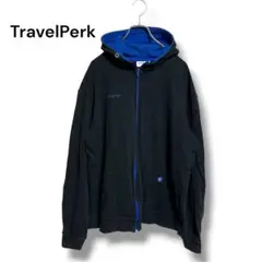 TravelPerk 刺繍ロゴ ジップパーカー ブラック×ブルー XL