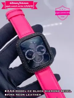 44mm専用アップルウォッチ用czブラックダイヤカバー⚫︎ネオンピンクベルトセット