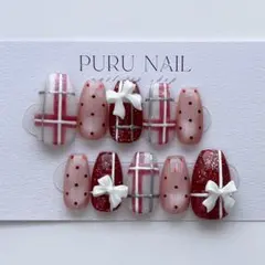 353【現品】◾️クリスマス×チェック柄×マグネット️×リボン×レッド◾️ネイルチップ