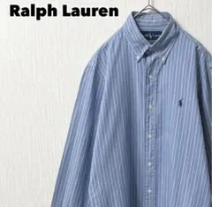 90s Ralph Lauren シャツ 長袖 刺繍ロゴ ストライプ 水色 Sのサムネイル