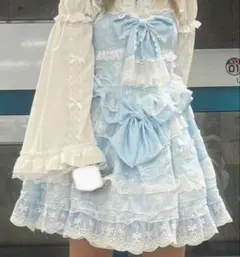 【着画アリ】甘ロリドレス レース フリル リボン ロリータ 水色 ブルー M