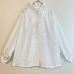 （L）ハイネック フリル ブラウス 花柄ジャガード織り シアー素材 長袖 白