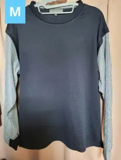 重ね着風 ネイビー ストライプ 長袖トップス Mサイズ