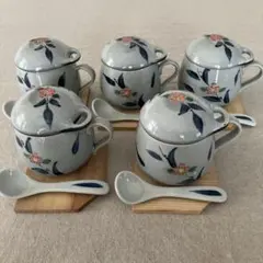 茶碗蒸し器　花柄　蓋付き　スプーン・コースター付き 5客セットのサムネイル