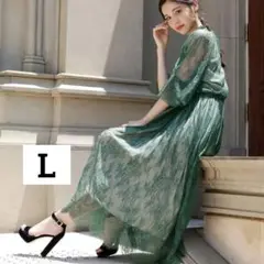 Flolia バックリボン＆総レースロングフレアワンピースドレス 可愛い大きめL