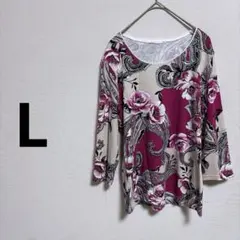 美品✨　ノーブランド カットソー 七分袖 花柄 ペイズリー L 桃 灰 白 綿