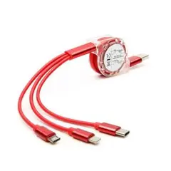 【3台同時充電】巻き取り式 充電ケーブル 3in1 赤 レッド