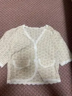 チェック柄 レース　イエローベージュ半袖シャツ