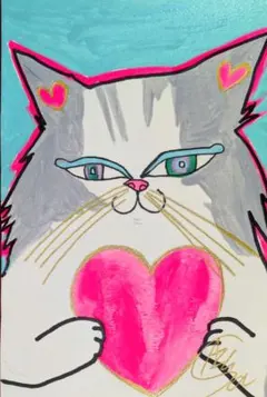 ドーナツ猫さん】F3 猫 イラスト 絵画 猫絵 白猫 アート ポップアート