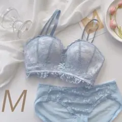 031ブルーM　ノンワイヤー　ブラジャーショーツセット　盛りブラ　楽ブラ　脇高