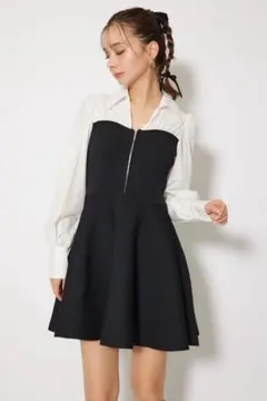 rienda シャツドッキングフレアニットミニワンピース BLACK