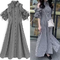 【新品未使用】GRL ギンガムチェック柄ショルダーオープンフリルワンピース