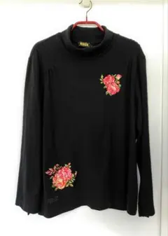 FEILER 花柄刺繍 タートルネック カットソー 長袖 L 黒