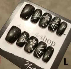 665:ブラックシルバーグラデーションマグネットネイルチップ☆Lサイズ