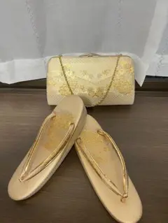 ゴールド花柄刺繍和装用バッグと草履セット　新品同様