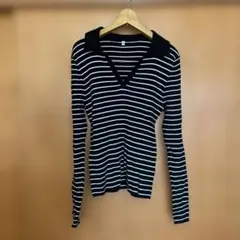 GU ストライプ Vネック 長袖ニット L