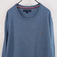 トミーヒルフィガー　クルーネック　ニット　セーター　刺繍ロゴ　無地　ブルー　L