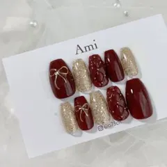 ネイルチップ＊ボルドー 赤 レッド ゴールド キルティング リボン バレンタイン