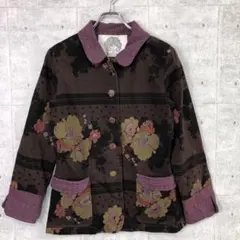 レトロ サイケ 古着 ラメ 花柄 幾何学模様 切替 くるみボタン 丸襟ジャケットのサムネイル