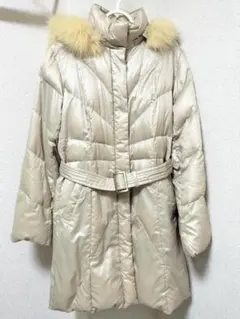 ダウンジャケットロング 毛皮ファー付き ベージュ 婦人レディース 15号XL