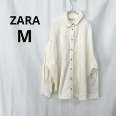 ザラ▶コーデュロイシャツ M 白 ゆったり 体型カバー 通勤 着回し◎ 定番