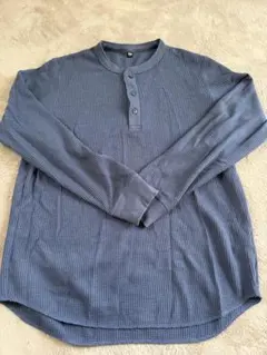 ユニクロ ヘンリーネック カットソー ブルー ワッフルヘンリーネックTシャツ長袖
