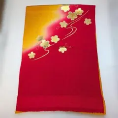 帯揚げ 赤 黄色 グラデーション 金彩 桜柄　ちりめん帯揚げ