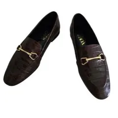 ZARA ザラ ゴールドホースビットレザー ローファー クロコ型押し 茶