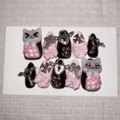 ネイルチップ 地雷系 量産型 平成女児 サブカル ピンク 黒 猫 ねこ 十字架
