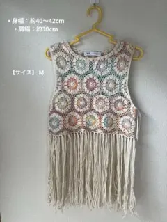 ZARA ザラ かぎ針編み クロシェ フリンジ トップス パステル Mサイズ