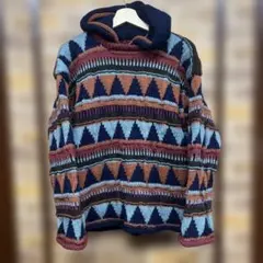 ウ*️様 手編み？ネイティブ柄？　 幾何学模様 フード付きニットセーター