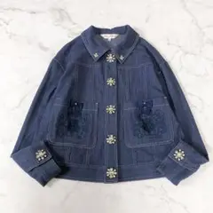スーパービューティー　デニムジャケット　刺繍　ビジュー　リボン　ブルー　40