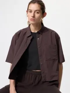 ユニクロ ナイロンボクシーショートシャツ 5分袖 ダークブラウン UNIQLO
