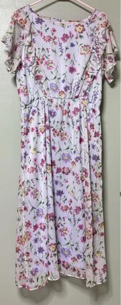 Lサイズ カラフル花柄ワンピース袖ヒラヒラパープル系