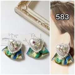 583/ビーズ刺繍　ハート　パール　インド刺繍リボン　イヤリング　ピアス