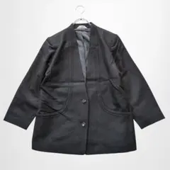 レトロノーカラーロング丈ジャケットアウター ゆったり ウール混 肩パット 日本製