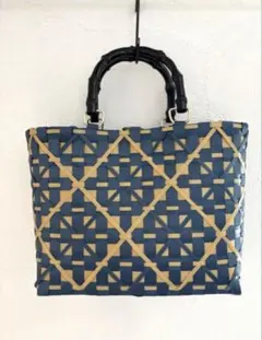 PPバンドバック、プラカゴ、かごバッグ　紺×ベージュ（濃い）