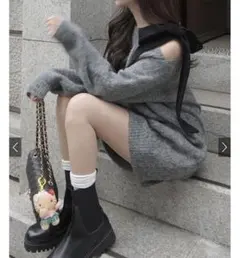 GRL ワンショルダーベロアリボンニットミニワンピース