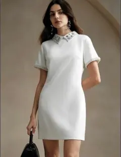 ホワイトビジュー襟半袖ワンピース