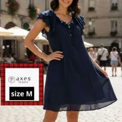 【axes femme】ビジュー飾り ネイビー ひざ丈ワンピース 半袖 M