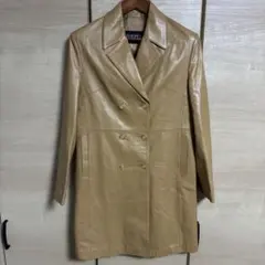 EUROPEAN ベージュ ダブルブレスト ラムレザーロングジャケット