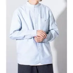 新品 GEVACO　オックスバンドカラー長袖シャツ（ブルー/ストライプ）M