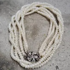 淡水パール3連ネックレス　ベビーパール　バロック　シルバー刻印　花モチーフ金具