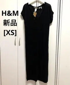 H&M ブラック　半袖ロングワンピース　Vネック　麻混　新品タグ付き