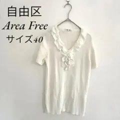 自由区 Vカット 半袖ニット 細リブ ホワイト 首元フリル サイズ40【L】のサムネイル